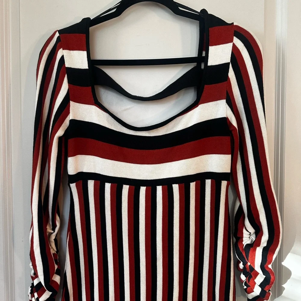 Anthropologie Maeve Striped Square Neck Brown/Black/White Midi Dress, Size Sy